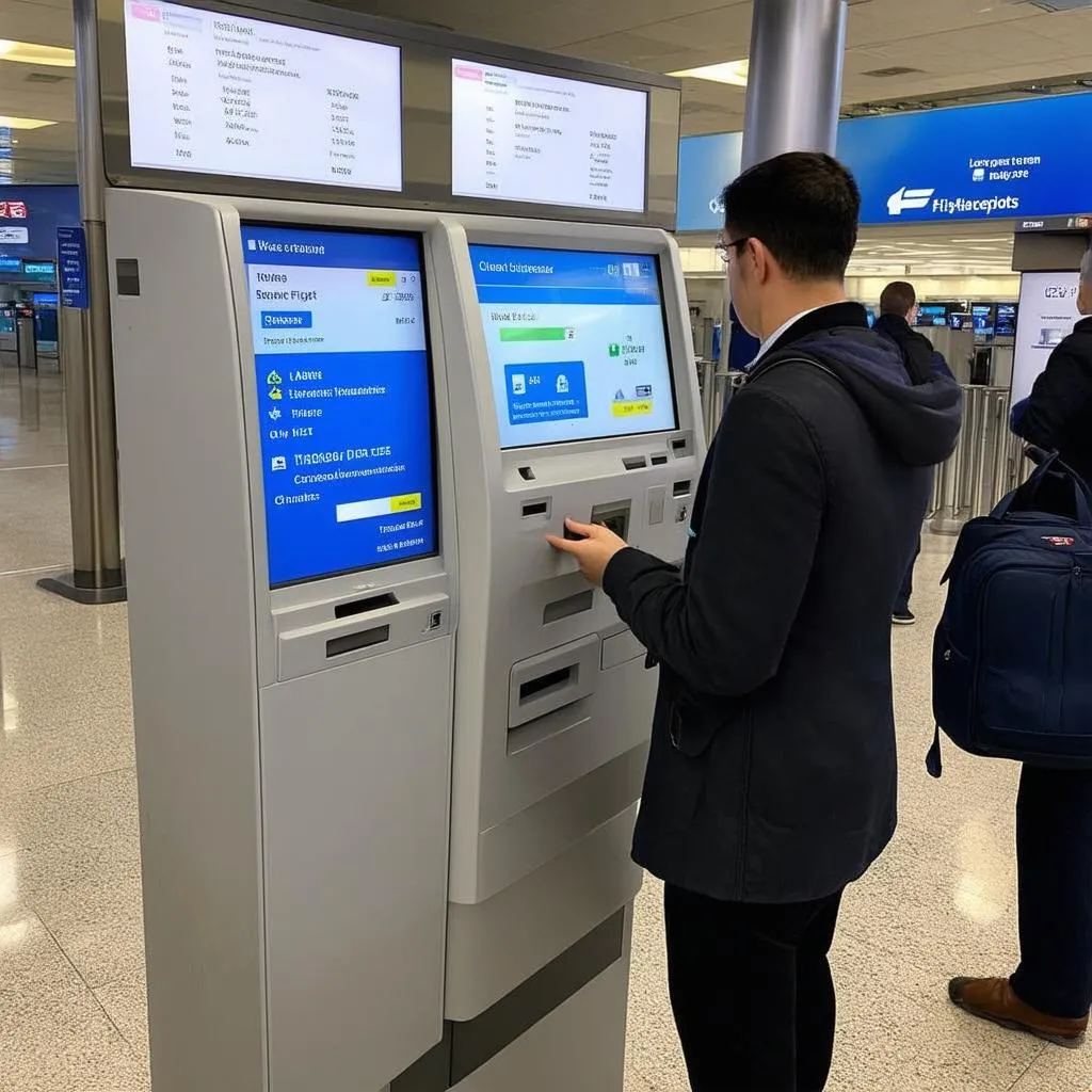 Traveler using self-service kiosk at airport